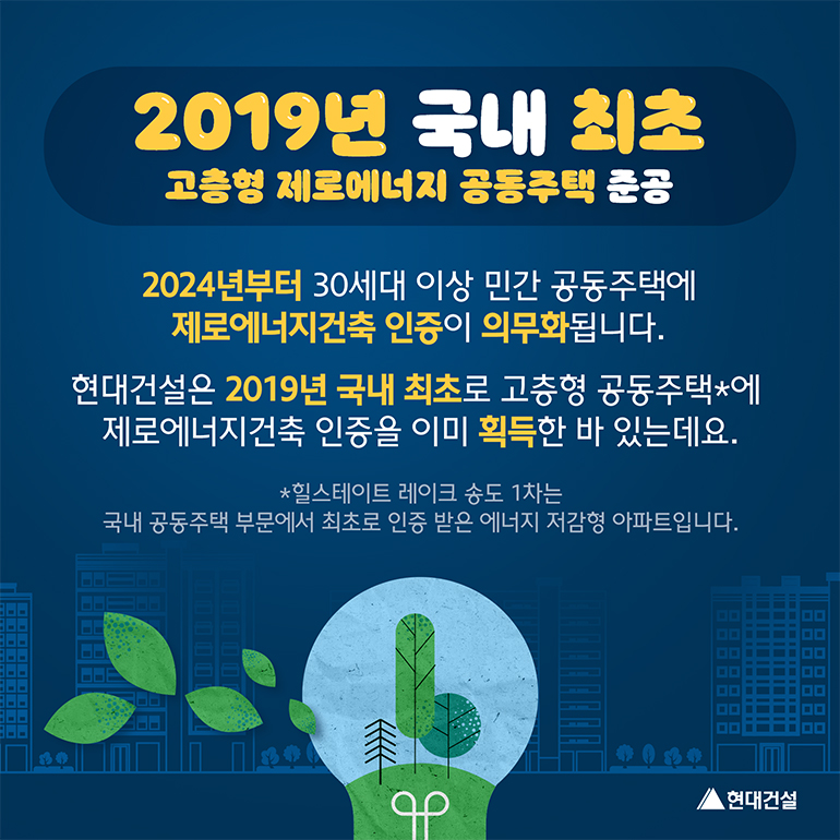 고층형 제로에너지 공동주택 준공 2024년부터 30세대 이상 민간 공동주택에 제로에너지건축 인증이 의무화됩니다. 현대건설은 2019년 국내 최초로 고층형 공동주택(힐스테이트 레이크 송도 1차는 국내 공동주택 부문에서 최초로 인증 받은 에너지 저감형 아파트입니다)에 제로에너지건축 인증을 이미 획득한 바 있는데요.